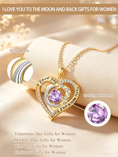 14K Gold I Love You to the Moon and Back Necklace for Women, Double Heart Birthstone Necklace, Moon Star Love Jewelry, Christmas Valentines Mothers Day Birthday Gifts for Wife Mom Girlfriend - color: 06-Jun Birthstone