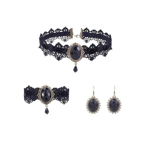 Atiptu Gothic Lace Choker Necklace for Women Black Lace Choker Necklace Vintage Red Crystal Pendant Necklaces Vampire Necklaces Halloween Costume Accessories - color: Black-Set