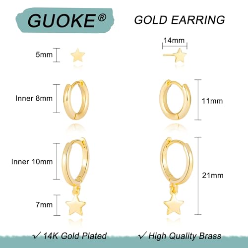3 Pairs Earring Stacks, Gold Earring Set Jewelry Gift for Women | Small, 14K Gold/White Gold/Black/Rose Gold Plated, Hypoallergenic, Her, Everday, Stackable, Simple, 3 Holes - color: Gold-Star