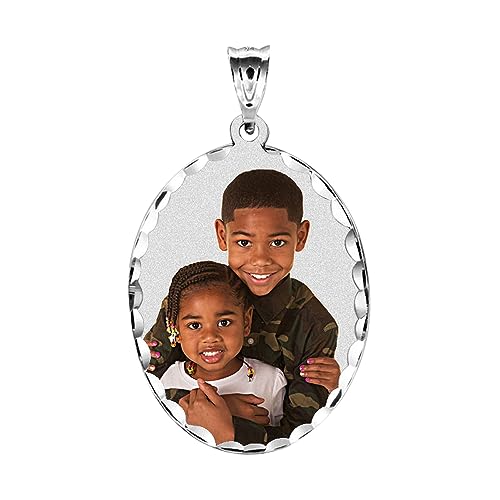 Oval w/Diamond Cut Edge Custom Photo Engraved Pendant - in Solid 14K, 10k, Yellow, White, Or Sterling Silver - color: Solid 10K White Gold + Photo, size: 1 x 1-1/4 Inch