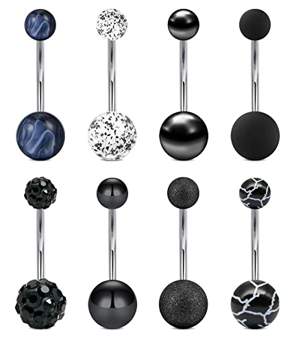 VCMART 14g 12mm & 14mm Navel Ring - Surgical Steel Belly Rings in Silver, Pink & Green for Women - Long Bar Belly Button Piercing Jewelry - style: A4 -14mm belly bar, 8pcs