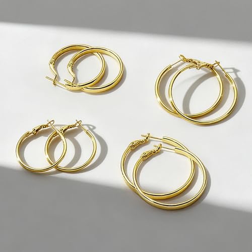 4 Pairs Silver Gold Hoop Earrings for Women | 14K Gold Plated Hoop Earrings Set Hypoallergenic Earring Lightweight Dangle Earrings Set - color: 4 Pairs Gold-(4mm Wide & Thin)