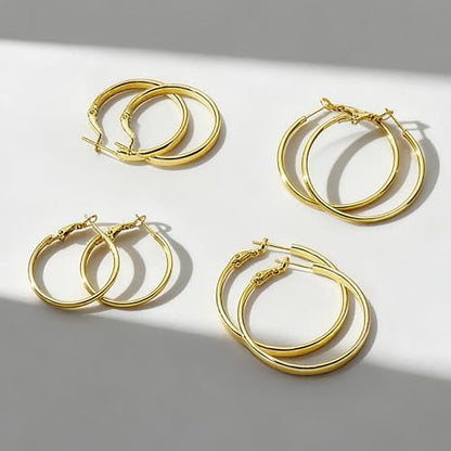 4 Pairs Silver Gold Hoop Earrings for Women | 14K Gold Plated Hoop Earrings Set Hypoallergenic Earring Lightweight Dangle Earrings Set - color: 4 Pairs Gold-(4mm Wide & Thin)