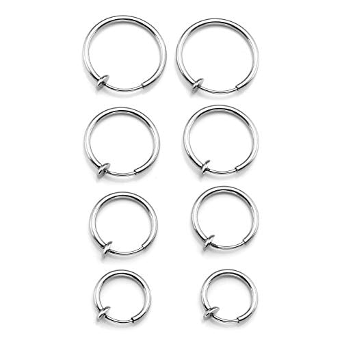 PiercingJ 8pcs Mixed Size Stainless Steel 14G Fake Nose Ring Spring Hoop, Clip On Earrings Fake Septum Cartilage Earrings Lip Ring Non Piercing Hoop Faux Body Piercing Jewelry 10-16mm