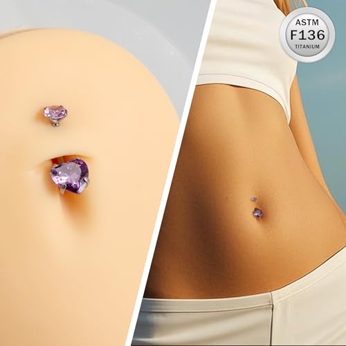 ASTM F136 Titanium Belly Button Rings 14G CZ Heart Belly Navel Rings 10mm Bar Body Piercing Jewelry Navel Ring With 1PCS Curved Piercing Taper - color: Purple CZ
