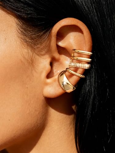 Ear Cuffs Non Piercing Hypoallergenic Gold Plated Ear Cuff Earrings for Women Trendy Clip On Cartilage Earring Set Dainty Adjustable Fake Piercings Earrings Fashion Accessories - color: F:3pcs gold ear cuff