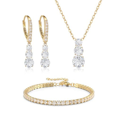 Crysdue Cubic Zirconia Jewelry Set for Women Bridesmaid, Classic Round Cut Drop Lightweight Lever Back Earrings Pendant Necklace Tennis Bracelet for Wedding Prom Party - style: 3pcs Gold