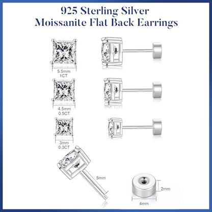 Moissanite Flat Back Earrings, 0.2-2ct Lab Created Moissanite | 925 Sterling Silver, VVS1 Clarity, Screw Back, Hypoallergenic, Elegant Gift Packed, Birthday Gifts, Wearable While Sleeping - color: Princess Cut, size: 2ct.tw(1ct*2)