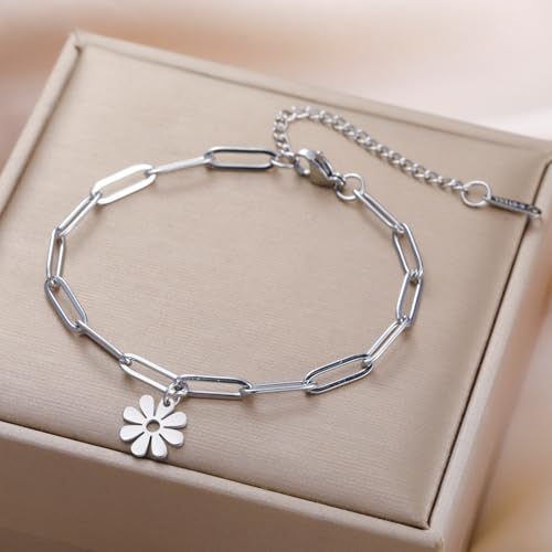 Dreamtimes Daisy Flower Anklets for Women Leaf Anklet Dainty Beach Anklet Jewelry Stainless Steel Adjustable Foot Chain Summer Boho Charm Foot Ankle Bracelet Jewelry - color: Daisy-Silver