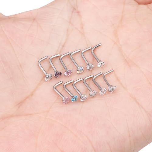 Hypoallergenic Nose Rings Studs 18G & 20G Surgical Steel Nose Studs L Shaped Nostril Piercing Jewelry with Cubic Zirconia for Women & Men - color: 18g,L-shape,crystal