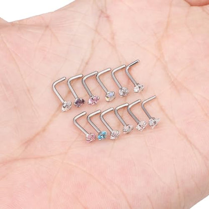Hypoallergenic Nose Rings Studs 18G & 20G Surgical Steel Nose Studs L Shaped Nostril Piercing Jewelry with Cubic Zirconia for Women & Men - color: 18g,L-shape,crystal