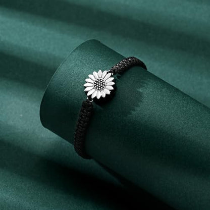 Sunflower Cremation Urn Bracelet for Adjustable Boho Daisy Handmade Cremation Jewelry Braided Rope Bracelets for Women Jewelry Gift With Funnel Kit & Bag - color: Silver+Black