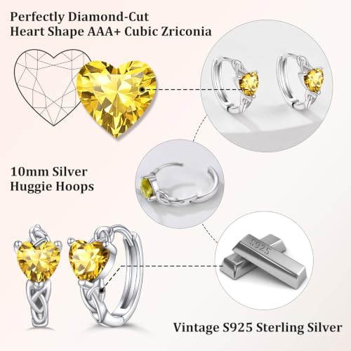 Bestyle 925 Sterling Silver Huggie Hoop Earrings Small Birthstone Hoop Earrings for Women Hypoallergenic Silver Huggie Earring,Great Birthday Earrings Gift for Daughter Wife Mom - color: 11-Yellow Topaz-Hoop