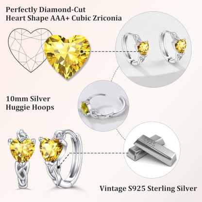 Bestyle 925 Sterling Silver Huggie Hoop Earrings Small Birthstone Hoop Earrings for Women Hypoallergenic Silver Huggie Earring,Great Birthday Earrings Gift for Daughter Wife Mom - color: 11-Yellow Topaz-Hoop