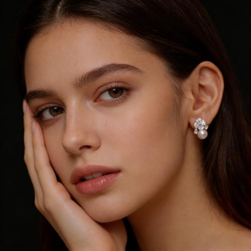 Elegant Pearl Flower Earrings for Women,Sparkling Crystal Studs & Lightweight Dangle Earrings,Hypoallergenic Floral Jewelry Perfect for Daily Wear,Office & Special Occasions