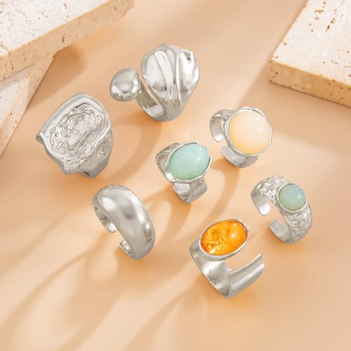 Chunky Rings for Women Stackable Vintage Adjustable Rings for Women Gold Statement Stone Ring Set Non Tarnish Vintage Jewelry - style: Silver