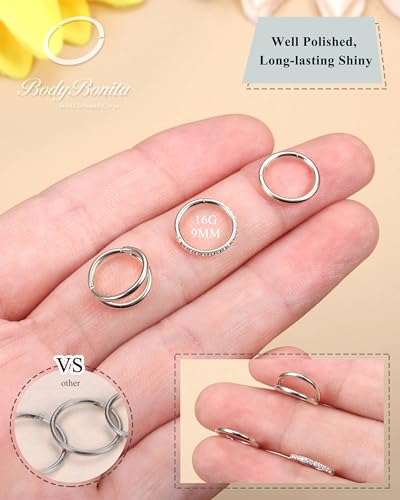 BodyBonita 3pcs Nose Rings Hoops - Double Hoop Nose Ring 14/16/18/20G Hinged CZ Piercing Jewelry Septum Clicker Rings Cartilage Earring Helix Rook Tragus Daith 7mm/8mm/9mm/10mm - color: Silver, size: 16 gauge(1.2mm)-9mm