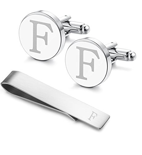 Initial Cuff Links Mens and Tie Clips for Men | Classic Silver Letter Alphabet A-Z Cufflinks and Tie Bar Set, Gifts for Men Father Husband for Formal Business Wedding - style: F