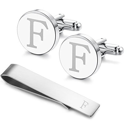 Initial Cuff Links Mens and Tie Clips for Men | Classic Silver Letter Alphabet A-Z Cufflinks and Tie Bar Set, Gifts for Men Father Husband for Formal Business Wedding - style: F