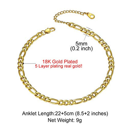 Adjustbale Link Chain Anklet for Women Summer Jewelry, 316L Stainless Steel Figaro/Wheat/Twist Rope/Cuban Foot Bracelet-Waterproof, Resizable 9"-12" (Gift Box Included) - color: 3, Figaro - Gold