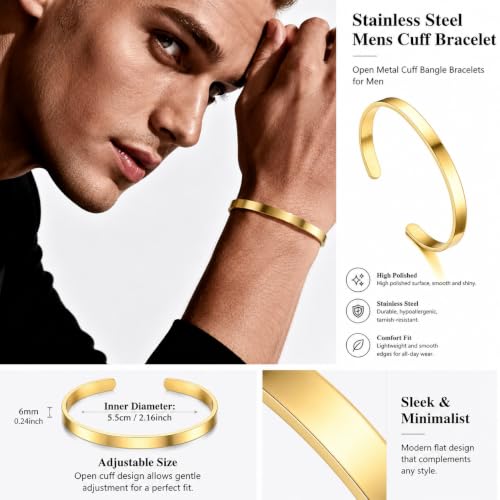 Stainless Steel Mens Cuff Bracelet-Open Metal Cuff Bangle Bracelets for Men,Mens Bracelet Jewelry Gift - color: gold