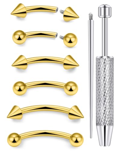 Internally Threaded Eyebrow Piercing Jewelry Surgical Steel Tiny Eyebrow Rings Vertical Labret Lip Jewelry Small Ear Rook Earring for Women Men 18g 16g 14g Plus Piercing Ball Grabber Tool - color: goldtone, size: 16g,ball+spike end