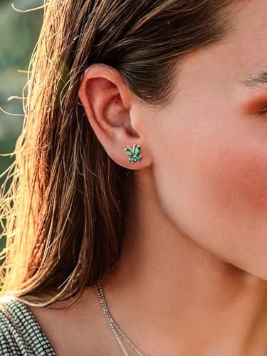 Suplight Butterfly Stud Earrings 925 Sterling Silver 14K Gold Brithstone Earrings for Women Brithstone Jewelry Gifts - color: 05.May( Emerald), size: Silver
