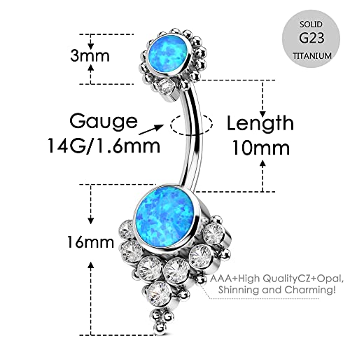 G23 Solid Titanium Belly Button Rings for Women Bezel Cluster 14G Implat-Grade Hypoallergenic Navel Rings Cute 14g Belly Rings - color: B-Blue Opal