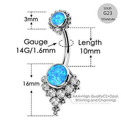 G23 Solid Titanium Belly Button Rings for Women Bezel Cluster 14G Implat-Grade Hypoallergenic Navel Rings Cute 14g Belly Rings - color: B-Blue Opal