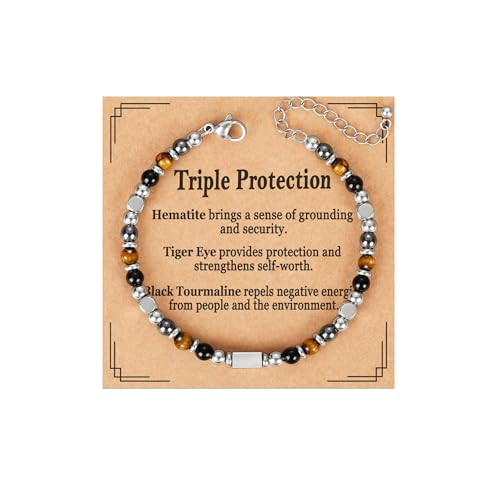 Natural Healing Crystal Bracelet for Women, Triple Protection Anxiety Relief New Beginnings Good Luck Empath Protection Jewelry Gift for Friends Daughter Mom 6.5+1.8 Inches - color: Protection-S