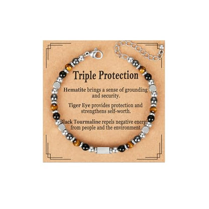 Natural Healing Crystal Bracelet for Women, Triple Protection Anxiety Relief New Beginnings Good Luck Empath Protection Jewelry Gift for Friends Daughter Mom 6.5+1.8 Inches - color: Protection-S