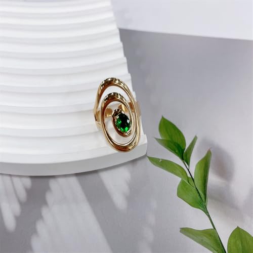 Vintage Green CZ Oval Statement Adjustable Open Rings for Women Stainless Steel Gold Plated Dainty Crystal Swirl Geometric Stackable Finger Band Rings Comfot Fit Fashion Trendy Jewelry