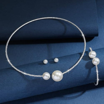 Gold Jewelry Set for Prom,Pearl Necklace Earrings Bracelet Crystal Bridal Wedding Prom Dresses Costume Jewelry Accessories Rhinestone Bridal Jewelry Set for Women - color: Silver Pearl