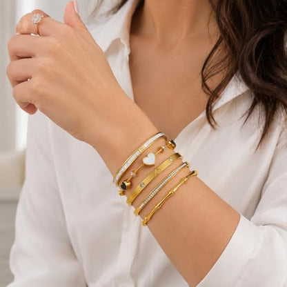 Gold Bangle Bracelets for Women, 5Pcs 18K Gold Plated Stainless Steel Stackable Bangle Bracelet Set, Waterproof Non-Tarnish Bangles with Cubic Zirconia, Gifts for Women
