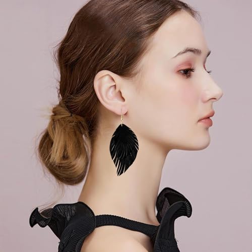 Handmade Bohemian Large Soft Genuine Leather Fringe Double Feather Dangle Drop Earrings Lightweight Simple Color PU Leaf Hook Earrings for Women - color: Black