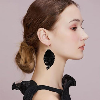 Handmade Bohemian Large Soft Genuine Leather Fringe Double Feather Dangle Drop Earrings Lightweight Simple Color PU Leaf Hook Earrings for Women - color: Black