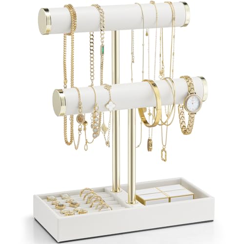 VLANDO 2 Tier Bracelet Holder with Tray - Leather Jewelry Stand Organizer for Women - Necklace Holder Display for Necklace, Watches, Rings, Earrings, Bangle, Scrunchie - White - color: A. White, size: 2 Tier