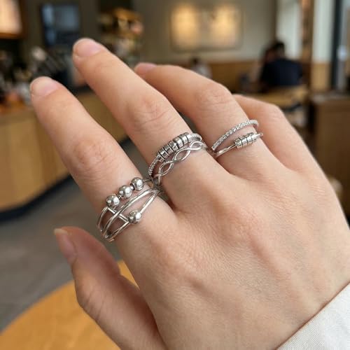 5pcs Adjustable Open Stainless Steel Stress Spinner Rings for Women Calming Anxiety Fidget Band Aesthetic Cute Thumb Jewelry Set Cool Stackable Accessories