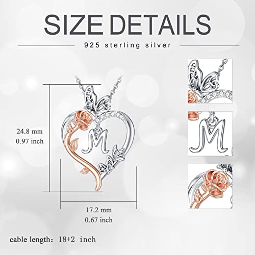 TOUPOP Gifts for Women Her 925 Sterling Silver Rose Heart Initial Necklace Butterfly Heart Jewelry Anniversary Birthday Gifts for Wife Girlfriend Mom - color: Silver