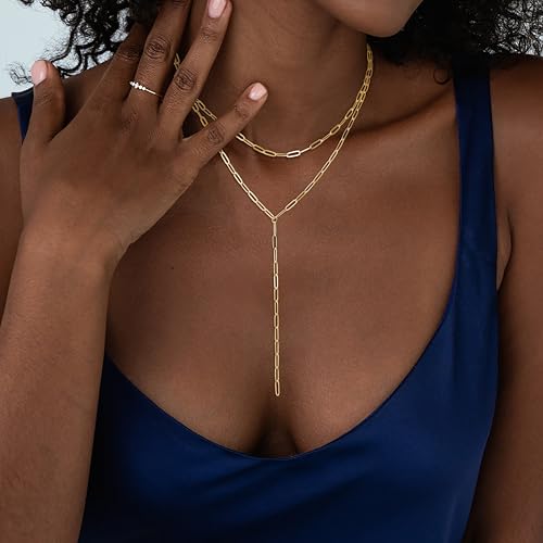 Lariat Necklace for Women, Dainty 14K Gold/Silver Plated Long Necklaces for Women Trendy Simple Layered Y-Shaped Pendant Necklace Adjustable Fashion Jewelry Gift - color: Gold, style: Paperclip Chain