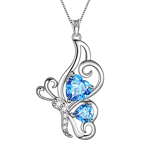 Butterfly Heart Necklace Birthstone Pendant Necklace Earrings Bracelet Women 925 Sterling Silver Animal Butterflies Birthstone Pendant Crystal Birthday Jewelry Wedding Gift - color: C.March-necklace