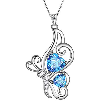 Butterfly Heart Necklace Birthstone Pendant Necklace Earrings Bracelet Women 925 Sterling Silver Animal Butterflies Birthstone Pendant Crystal Birthday Jewelry Wedding Gift - color: C.March-necklace
