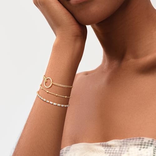 MEVECCO Dainty Chain Bracelets for Women, Layered and Charm Styles | 14K Gold Plated Brass, Select Cubic Zirconia Accents, Single and Multi-Row Structures for Refined Everyday Wristwear - style: Tennis Chain Baguette