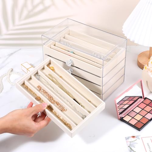 5-Drawer Necklace Organizer Box with Clear Acrylic & Velvet Lining, Beige Necklace Storage Box for Chains, Pendants, Stackable Dustproof Jewelry Holder(9.25 x 5.9 x 6.69 in)