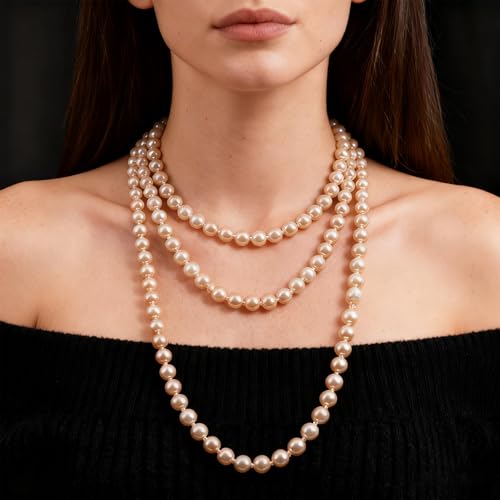 Pearl Necklaces for Women 60'' 70" Long Pearl Necklace 15.75'' Pearl Choker Necklace Chunky Bead Layered Faux Pearl Dangle Wedding Bridal 1920s Gatsby Christmas Costume Jewelry Gifts - color: Champagne-60''
