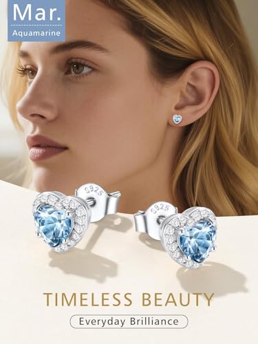 FindChic Birthstone Earrings for Women, Round/Heart/Square/Teardrop Earrings with 925 Sterling Silver Posts & Push Backs, Hypoallergenic Studs with Cubic Zirconia, 12 Months Jewelry with Gift Box - style: 03. March-Aquamarine (Heart-Silver)