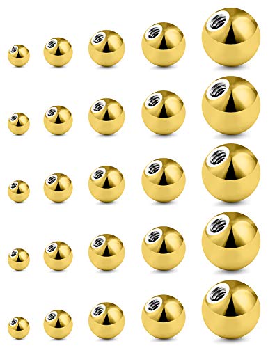 Prjndjw 25Pcs 14G 16G Replacement Balls internal thread & Externally Threaded Surgical Steel Balls Industrial Barbell Tongue Nipple Belly Button Eyebrow Rook Piercing Rings Parts 3MM-8MM - color: 25Pcs-14G-Gold