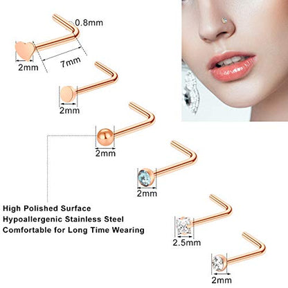 ONESING 9-40 Pcs Nose Rings - Hoops, Studs & L Shape - Hypoallergenic Stainless Steel Nose Piercings for Women & Men - color: Rose gold