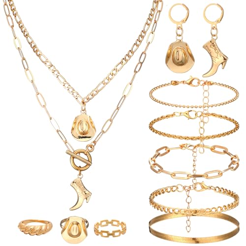 Ecally Bohemian Western Jewelry Turquoise Set Women Country Pendant Long Choker Layered Bracelets Earrings Ring for Women - color: Gold, style: Western