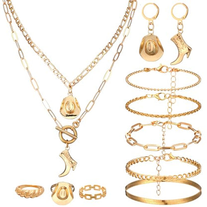 Ecally Bohemian Western Jewelry Turquoise Set Women Country Pendant Long Choker Layered Bracelets Earrings Ring for Women - color: Gold, style: Western